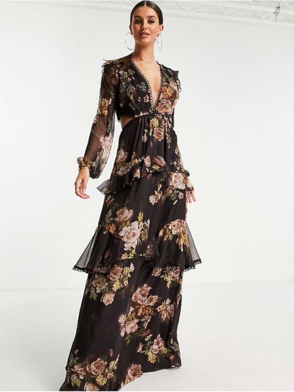 ASOS TALL Floral Lace-Trim Maxi Dress in Brown with Pink Rose Print - Picture 1 of 8